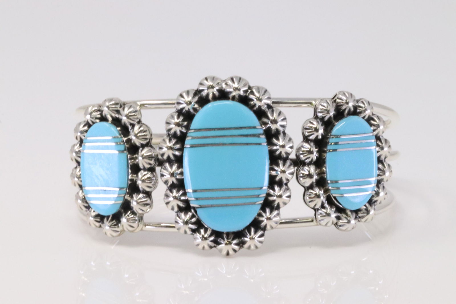 Native America Navajo Handmade Sterling Silver Turquoise Inlay Bracelet By Mike Smith.: This is a Native America Navajo Handmade Sterling Silver Turquoise Inlay Bracelet By Mike Smith.