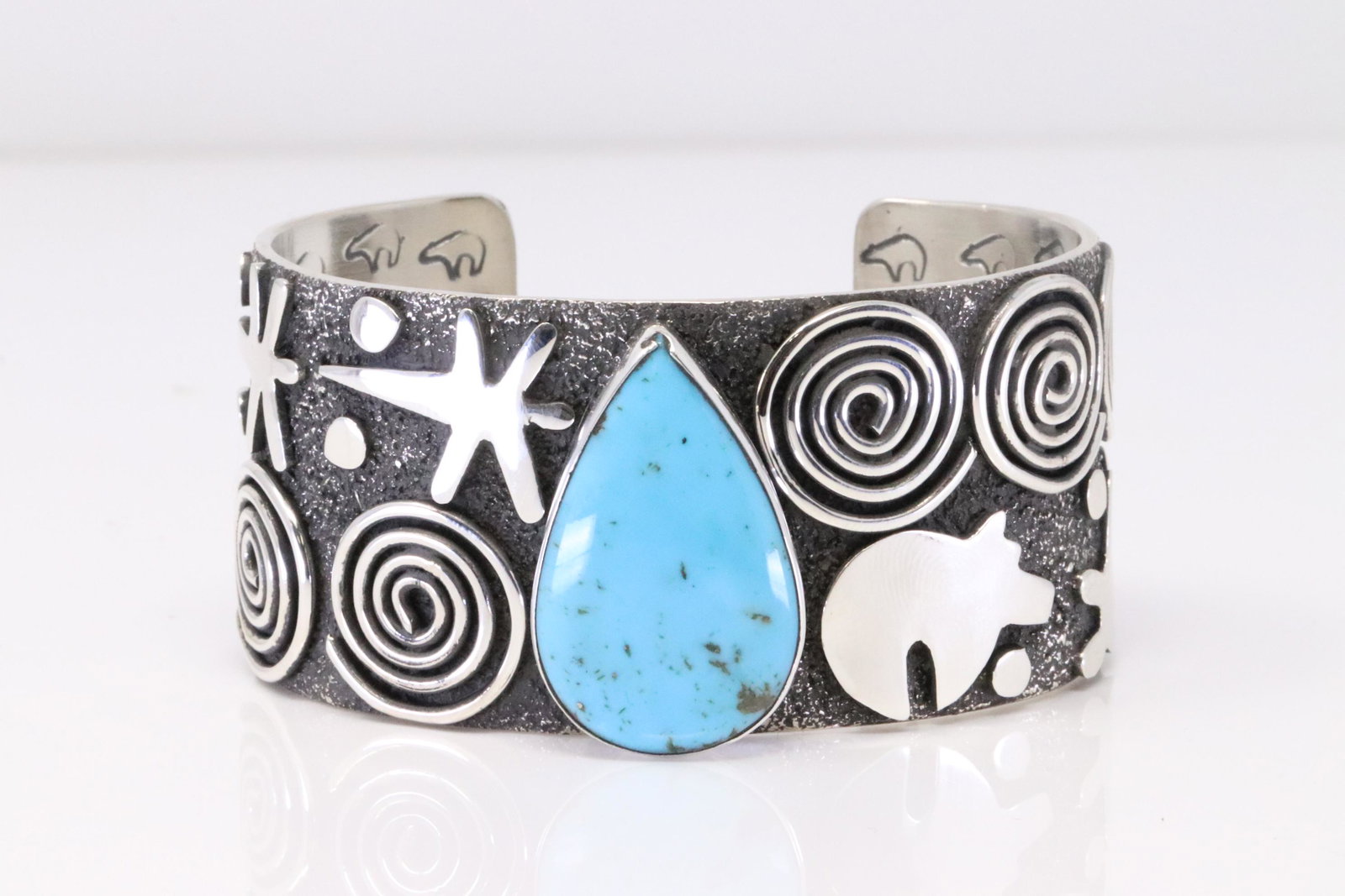Native America Navajo Handmade Sterling Silver Turquoise Petroglyph Cuff Bracelet By Alex Sanchez.: This is a Native America Navajo Handmade Sterling Silver Turquoise Petroglyph Cuff Bracelet By Alex Sanchez.