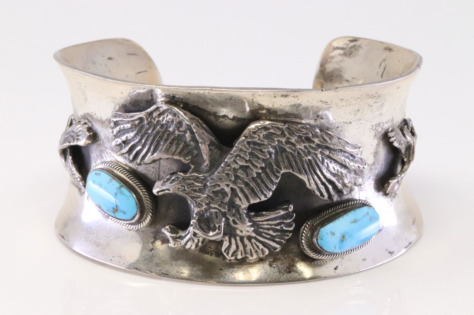 Native American Navajo Casted Sterling Silver Turquoise Eagle Bracelet. (1 of 5)