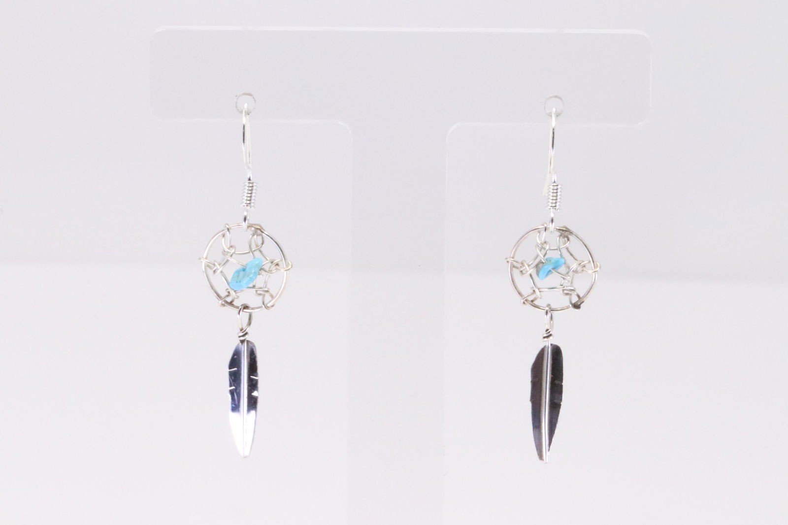 Native America Navajo Handmade Sterling Silver Turquoise Dream Catcher Dangling Earring's. (1 of 4)