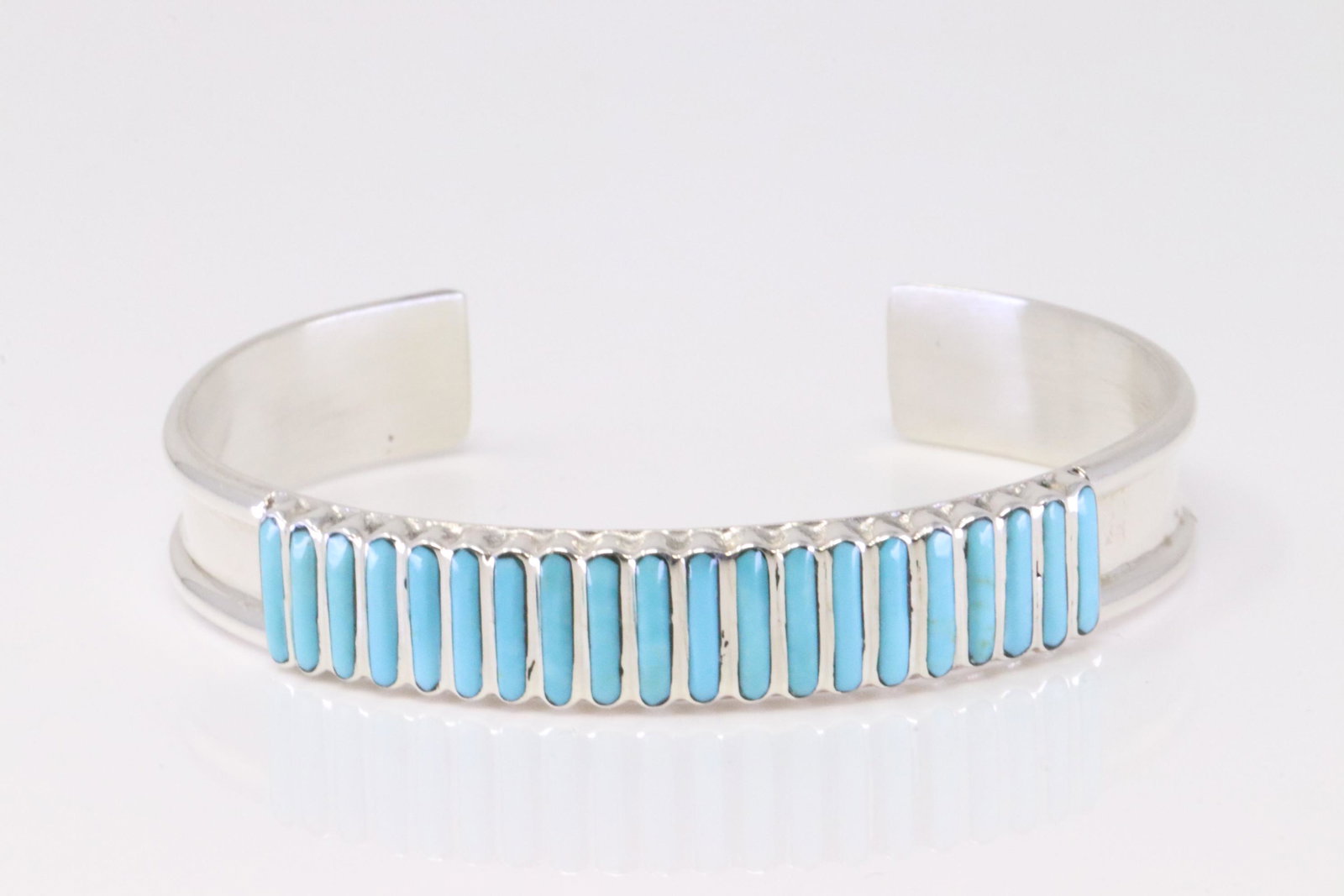 Native America Zuni Handmade Sterling Silver Turquoise Bracelet By Lucy Sheyka.: This is a Native America Zuni Handmade Sterling Silver Turquoise Bracelet By Lucy Sheyka.