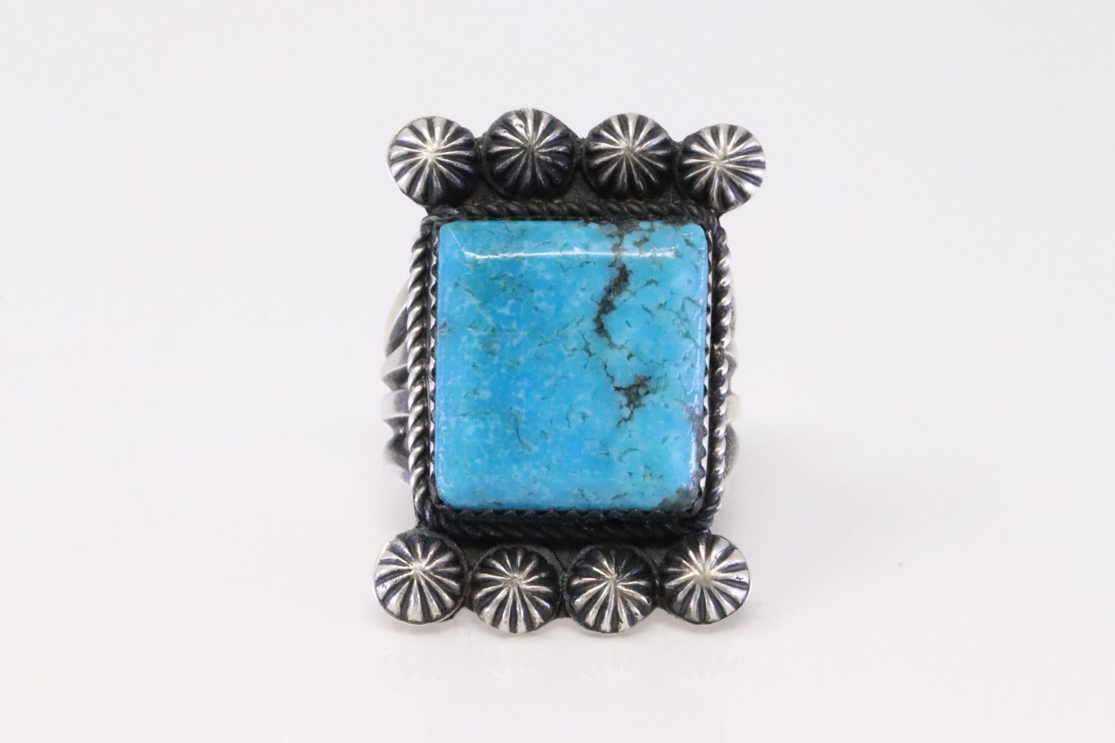 Native American Navajo Handmade Sterling Silver Turquoise Ring By M.C.: This is a Native American Navajo Handmade Sterling Silver Turquoise Ring By M.C. Ring size: 8.50.