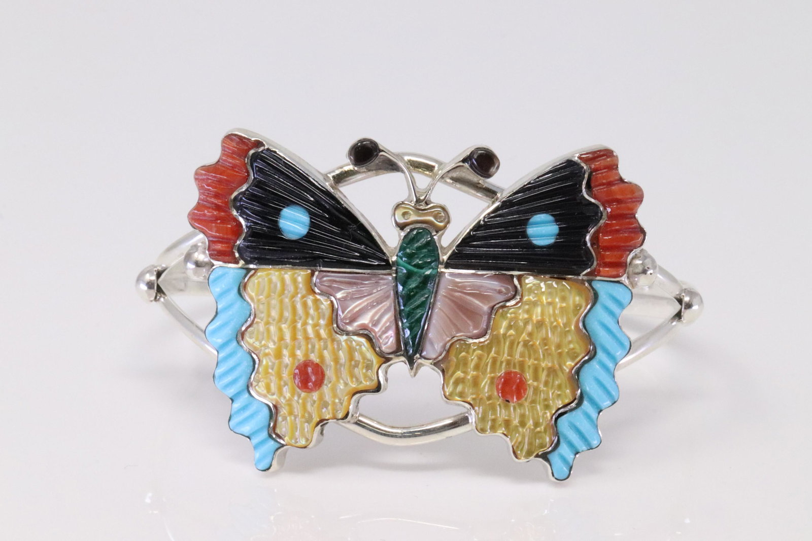 Native American Zuni Handmade Sterling Silver Multi-Clor Butterfly Bracelet By Tamara Pinto.: This is a Native American Zuni Handmade Sterling Silver Multi-Clor Butterfly Bracelet By Tamara Pinto.