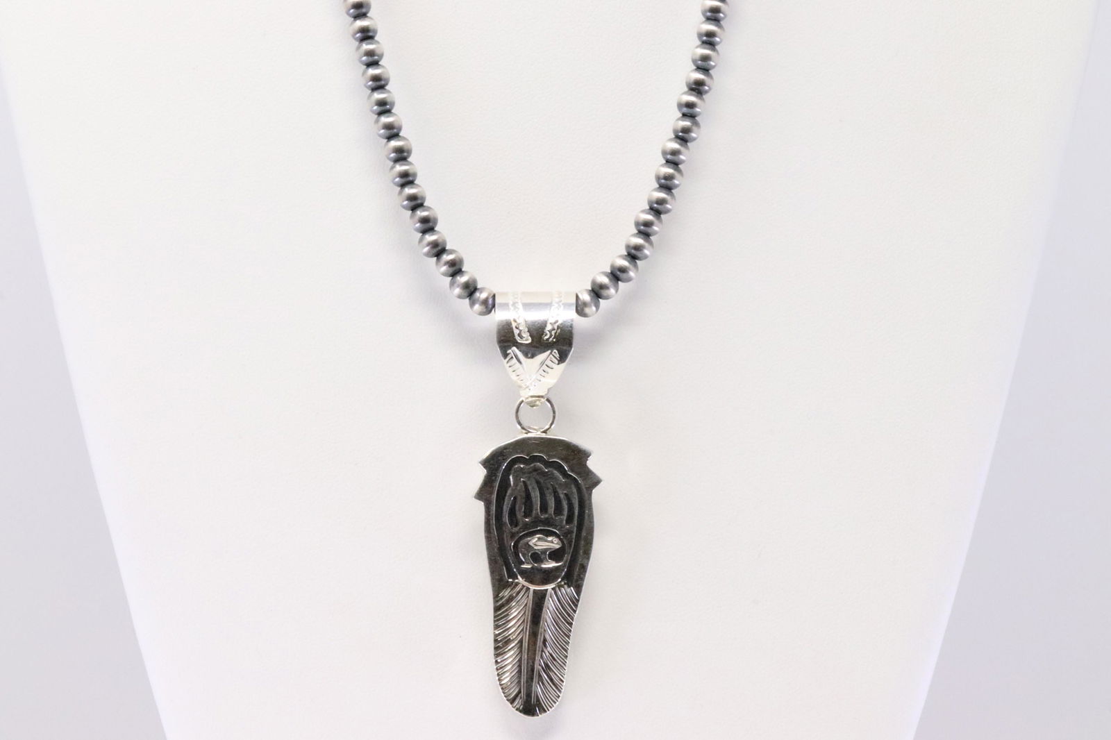 Native America Navajo Handmade Sterling Silver Solid Paw Bear Pendant & Pearl Beaded Necklace By (1 of 5)