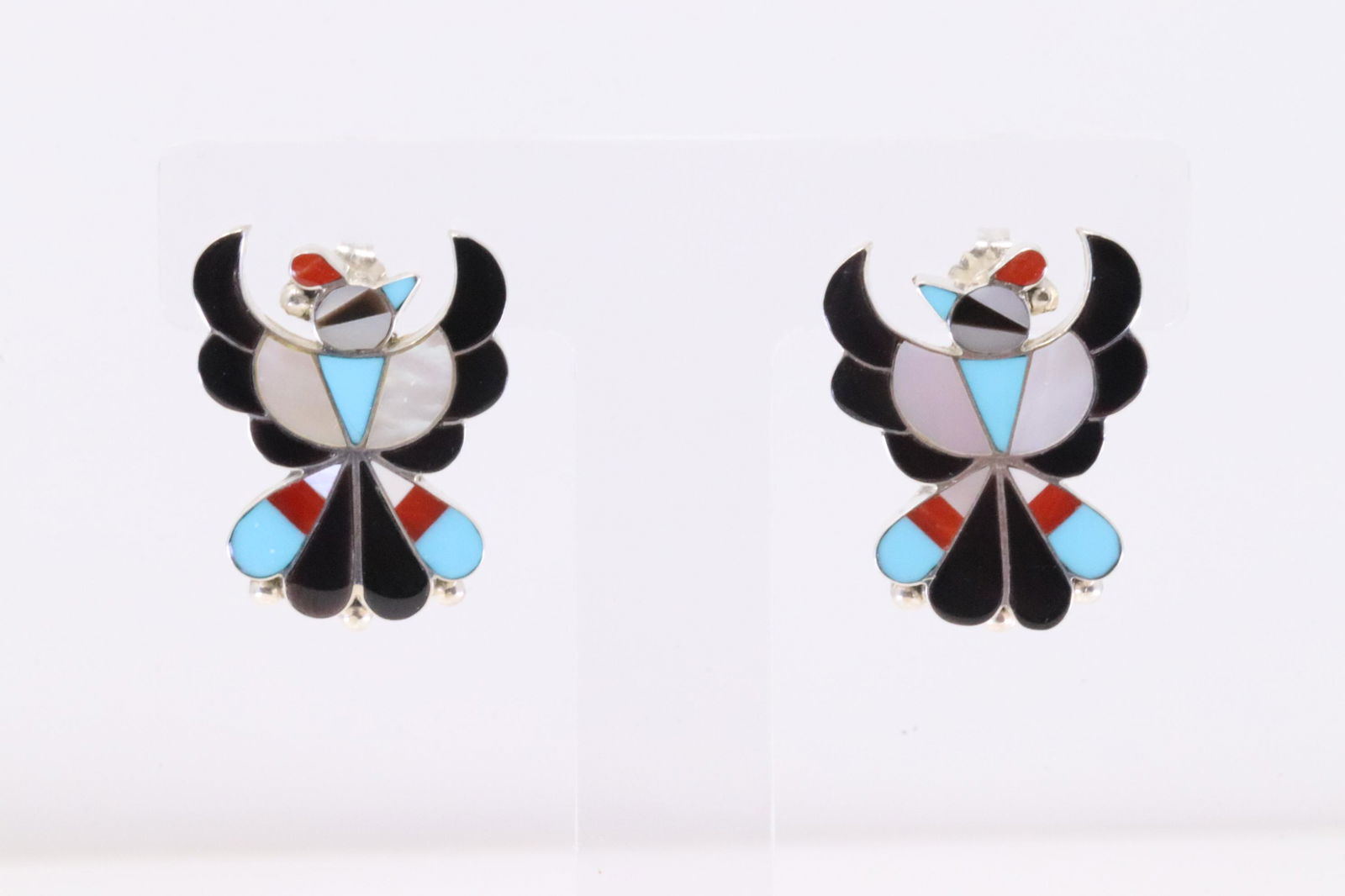 Native America Zuni Handmade Sterling Silver Muti-Color Inlay Bird Post Earring's By B.W. (1 of 4)