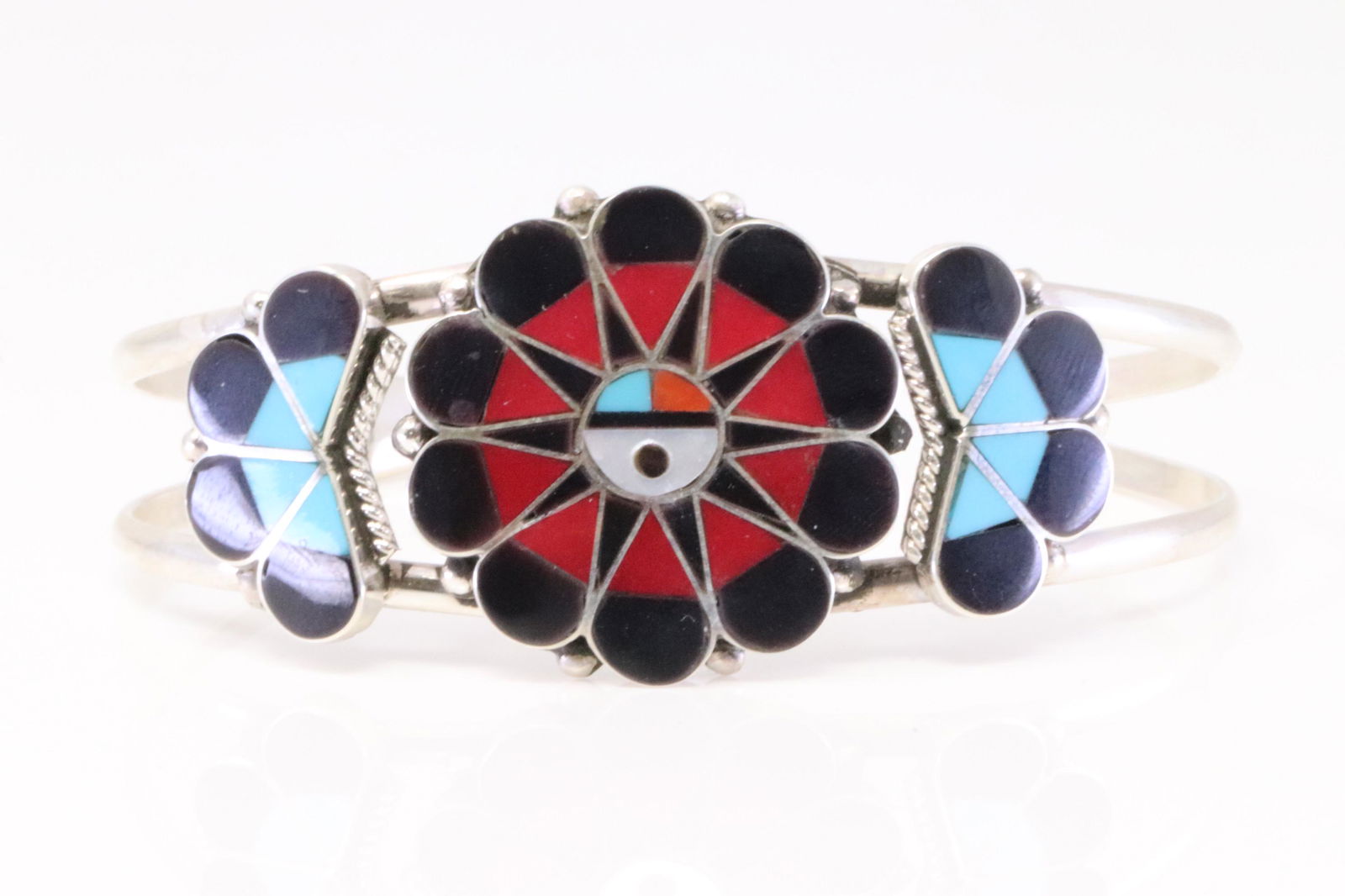 Native America Zuni Handmade Sterling Silver Muti-Color Sunface Bracelet By Gasper. (1 of 4)