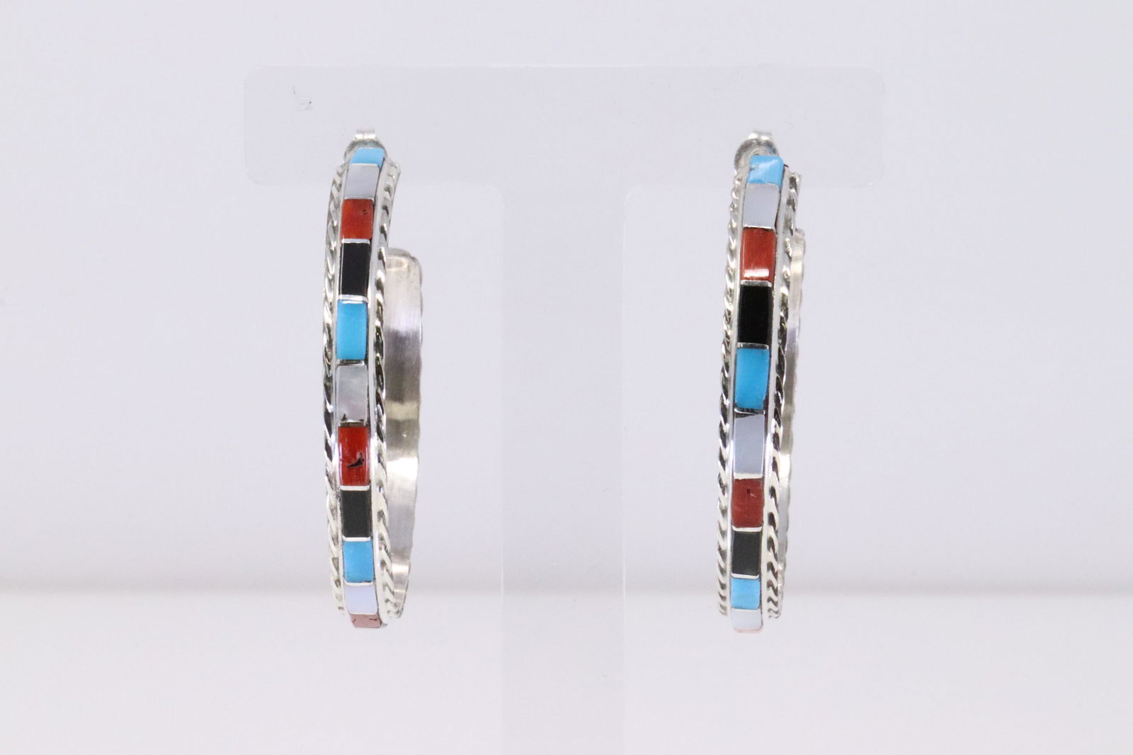 Native America Zuni Handmade Sterling Silver Multi-Color Hoop Earring's By Malcom Chavez. (1 of 4)