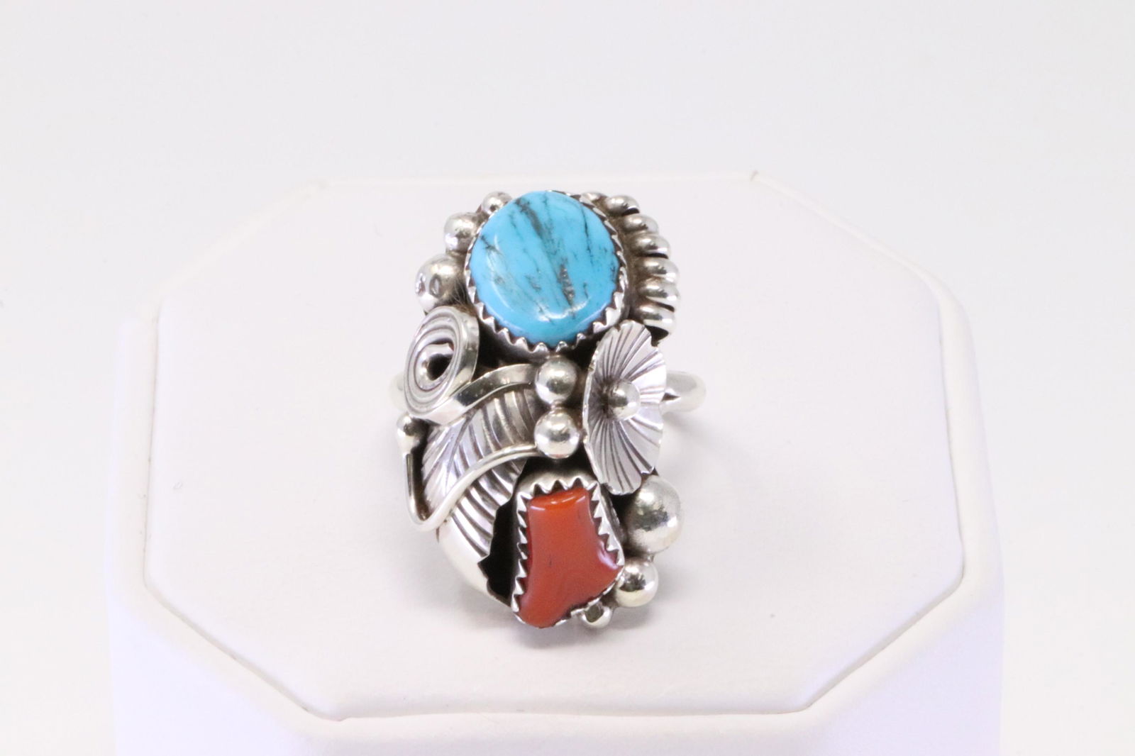 Native America Navajo Handmade Sterling Silver Coral / Turquoise Ring By Max Calladitto. (1 of 4)