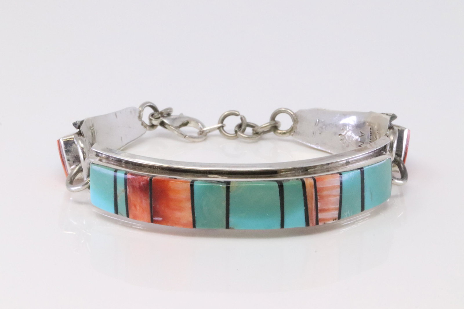 Native America Navajo Handmade Sterling Silver Multi-Color Inlat Link Bracelet By Avery Norton.: This is a Native America Navajo Handmade Sterling Silver Multi-Color Inlat Link Bracelet By Avery Norton. Bracelet length: 7.00"