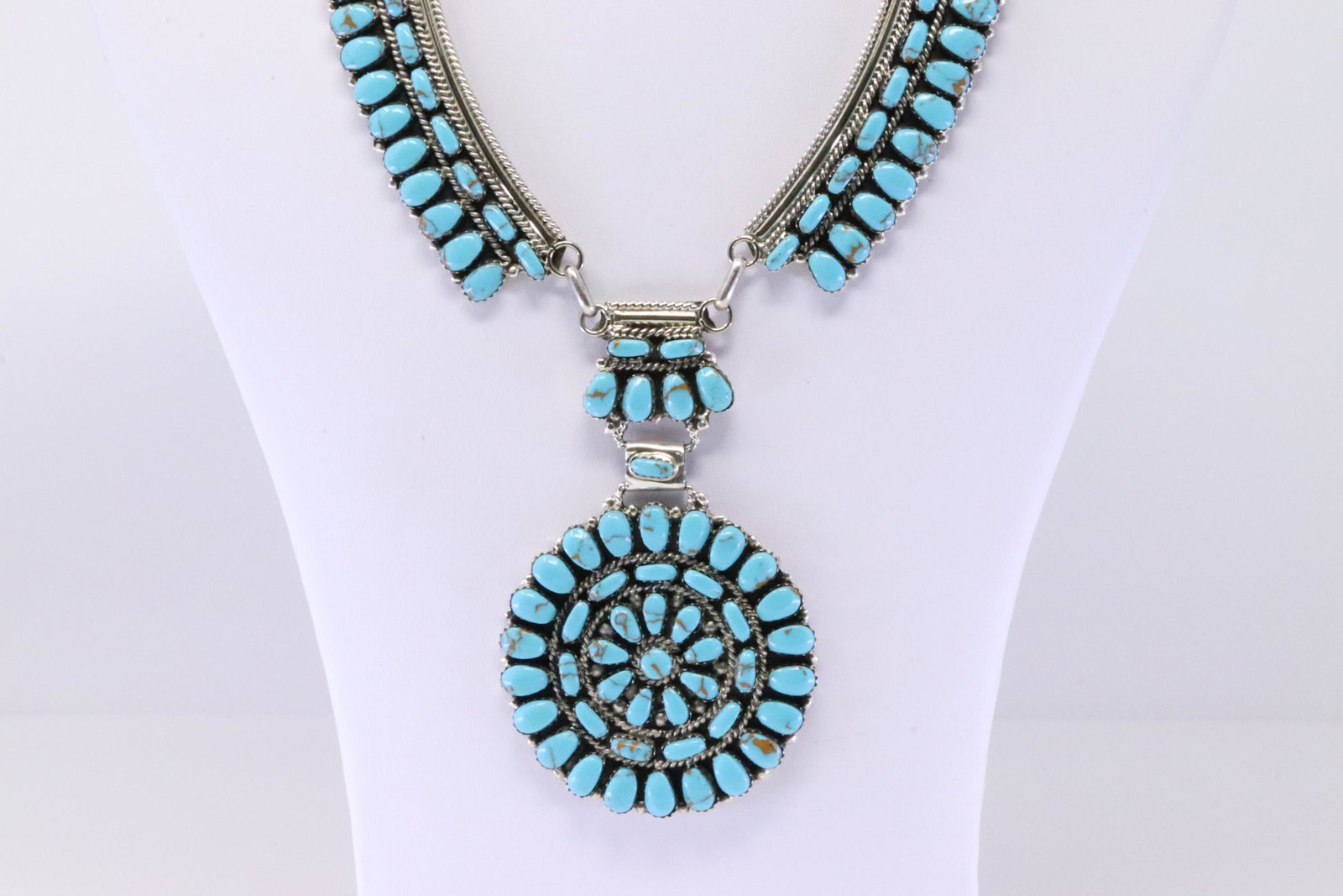 Native America Navajo Handmade Sterling Silver Synthetic Turquoise Necklace Cluster By JW.: This is a Native America Navajo Handmade Sterling Silver Synthetic Turquoise Necklace Cluster By JW. Necklace length: 18.00"