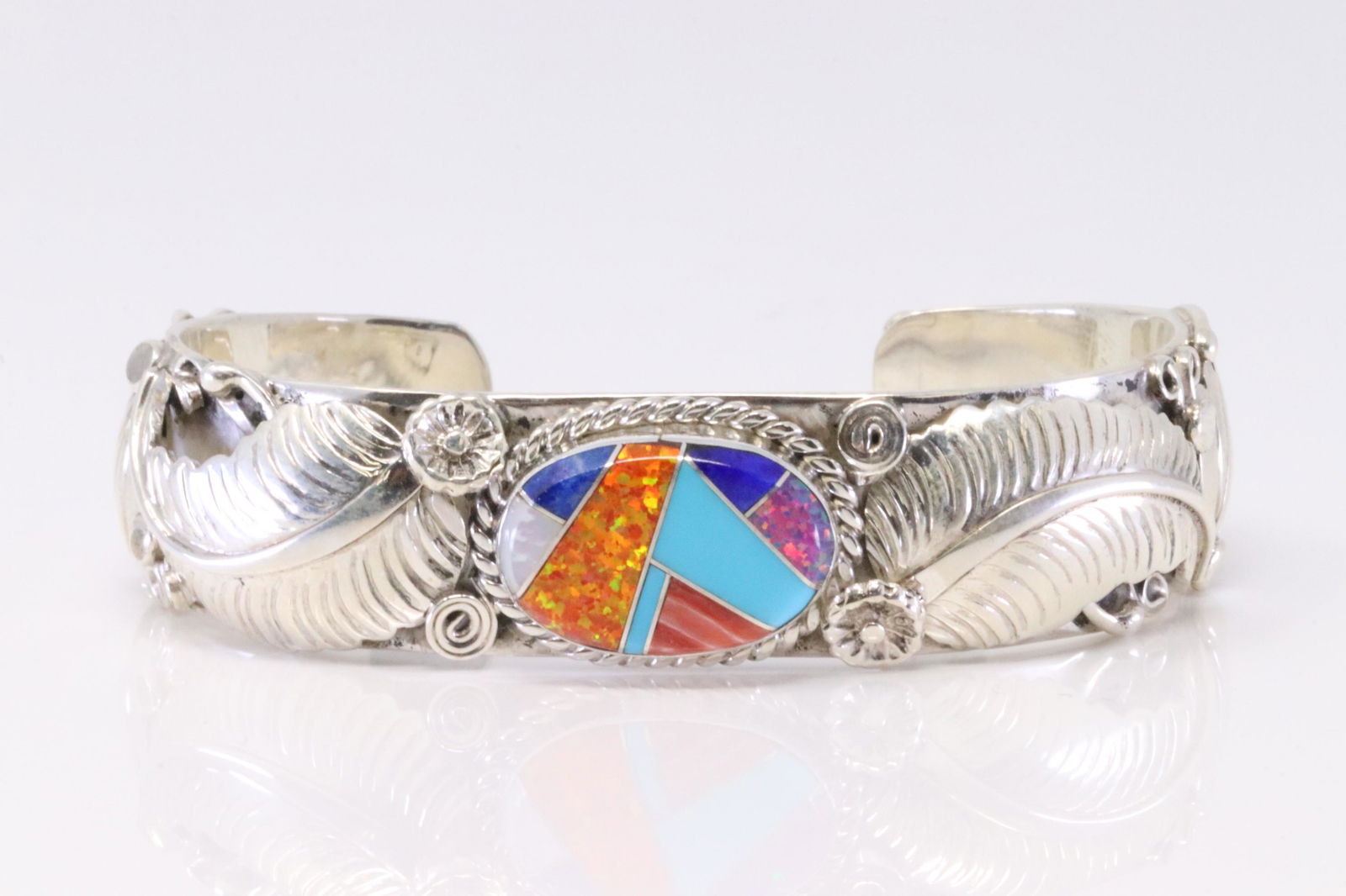 Native America Navajo Handmade Sterling Silver Multi-Color Stones Bracelet Cuff By P. (1 of 4)