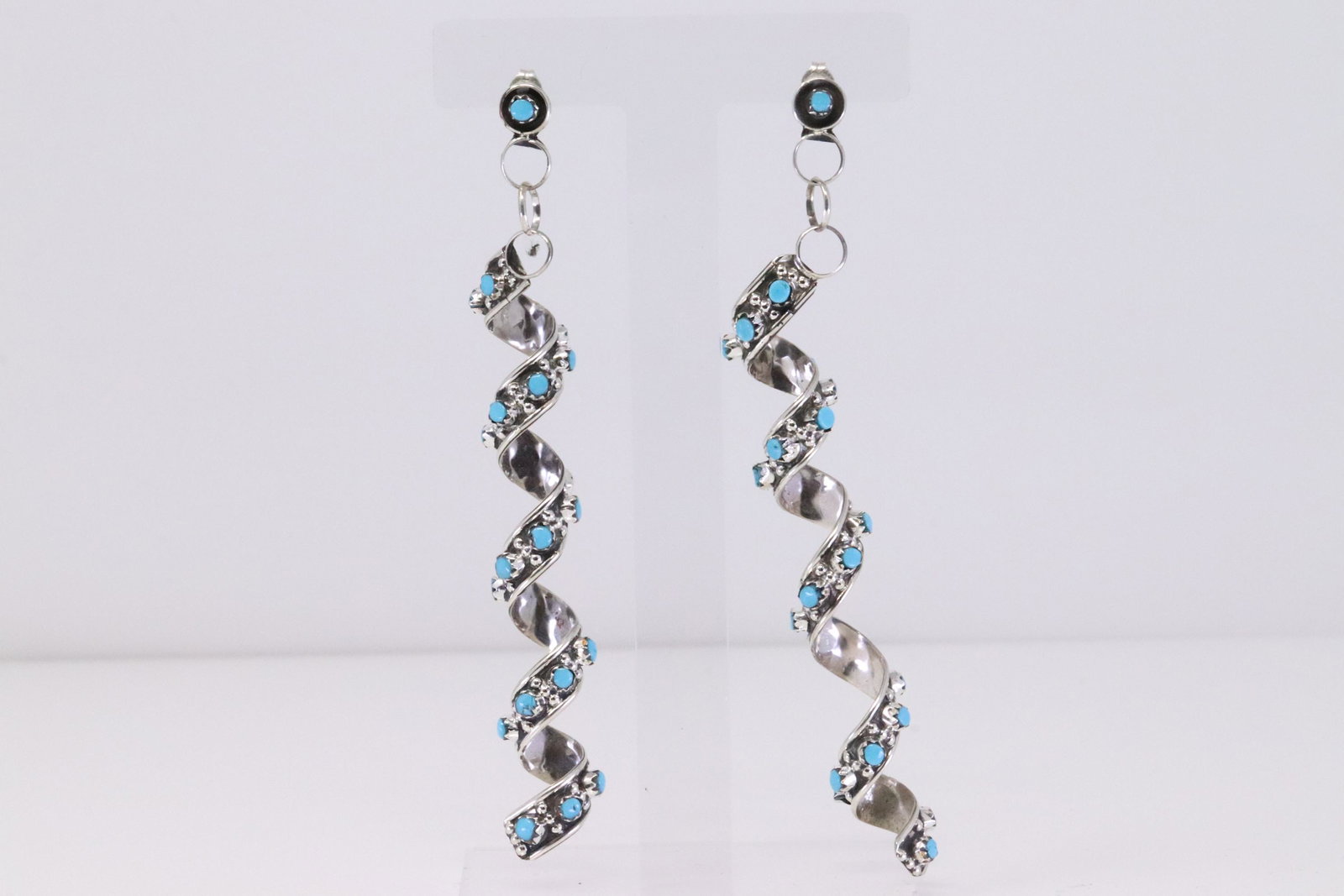 Native America Handmade Zuni Sterling Silver Turquoise Post / Dangling Earring's By Joan Cheama.: This is a Native America Handmade Zuni Sterling Silver Turquoise Post / Dangling Earring's By Joan Cheama.