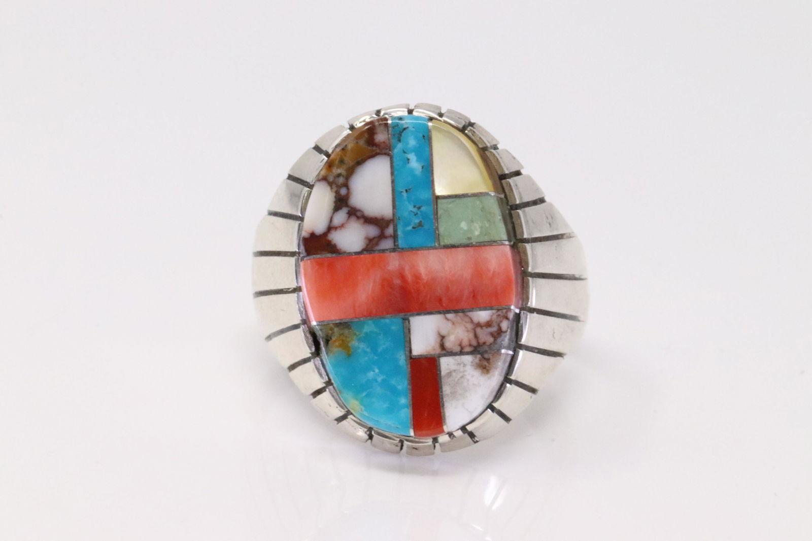 Native America Navajo Handmade Sterling Silver Multi-Color Inlay Ring By R.: This is a Native America Navajo Handmade Sterling Silver Multi-Color Inlay Ring By R. Ring size: 12.50.