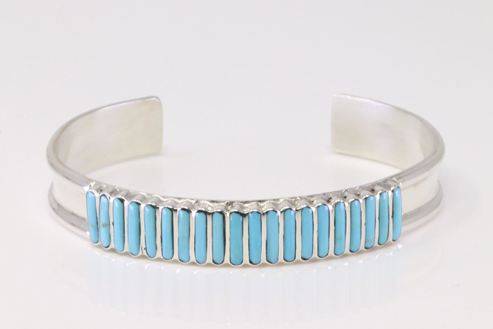 Native American Zuni Handmade Sterling Silver Turquoise Bracelet By Lucy Sheyka.: This is a Native American Zuni Handmade Sterling Silver Turquoise Bracelet By Lucy Sheyka.