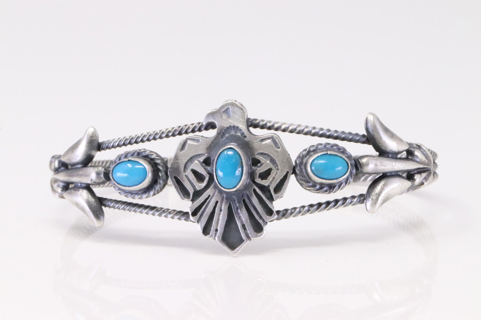 Native American Navajo Handmade Sterling Silver Turquoise Bird Bracelet Cuff By Bobby Platero. (1 of 4)