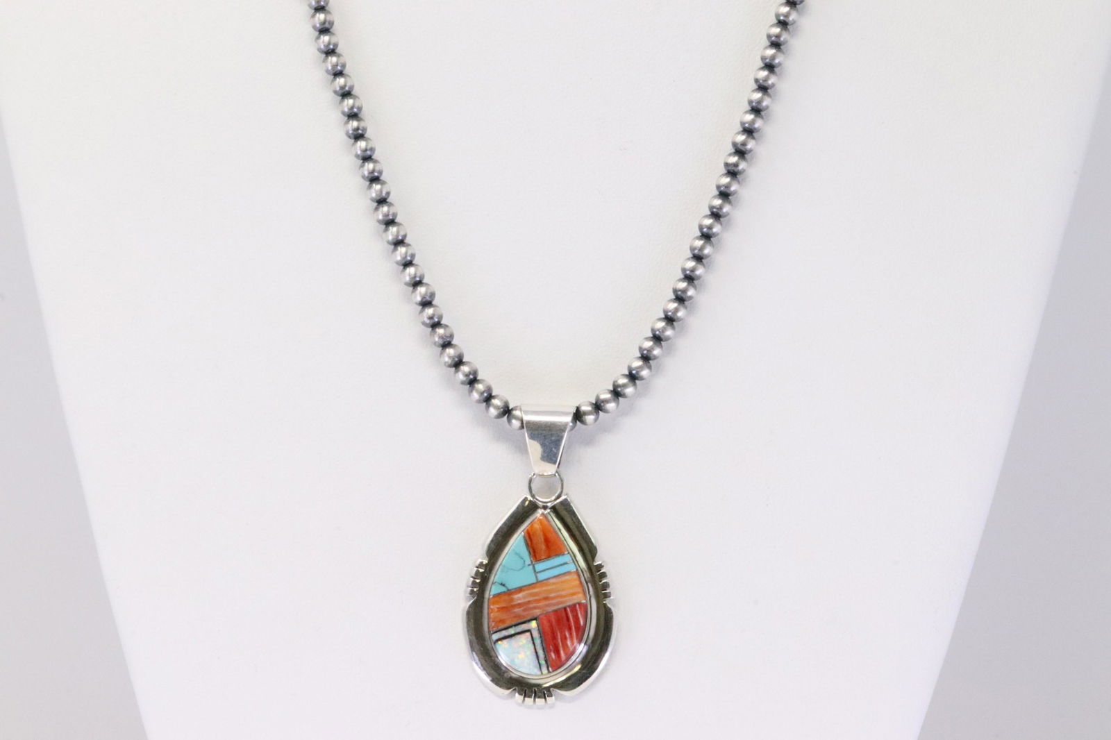 Native America Navajo Handmade Sterling Silver Multi-Color Inlay Pendant & Necklace By PLLL. (1 of 4)