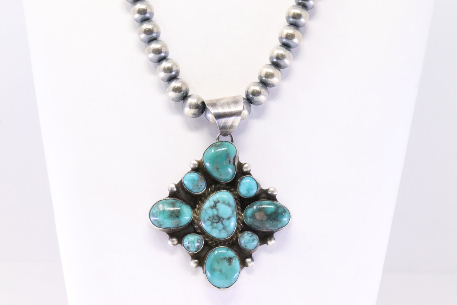 Native America Navajo Handmade Sterling Silver Kingman Turquoise Pendant & Pearl Beaded Necklace By (1 of 5)