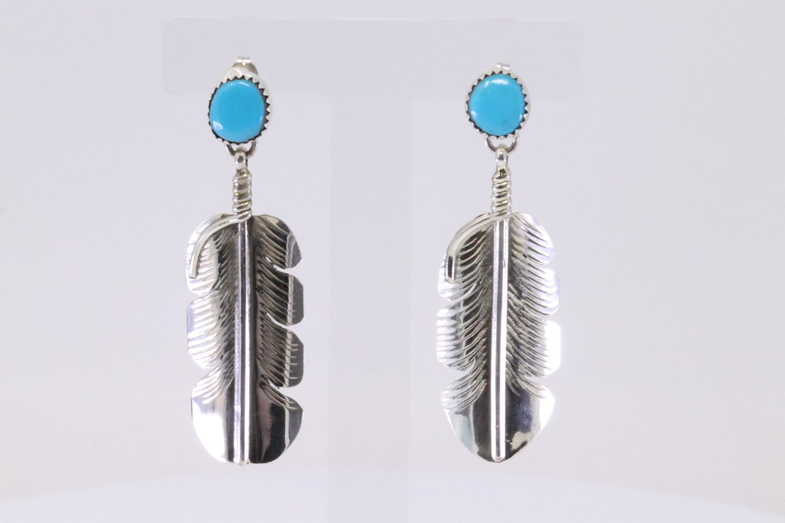 Native American Navajo Handmade Sterling Silver Feather Turquoise Post Earring's By Aaron Davis. (1 of 4)