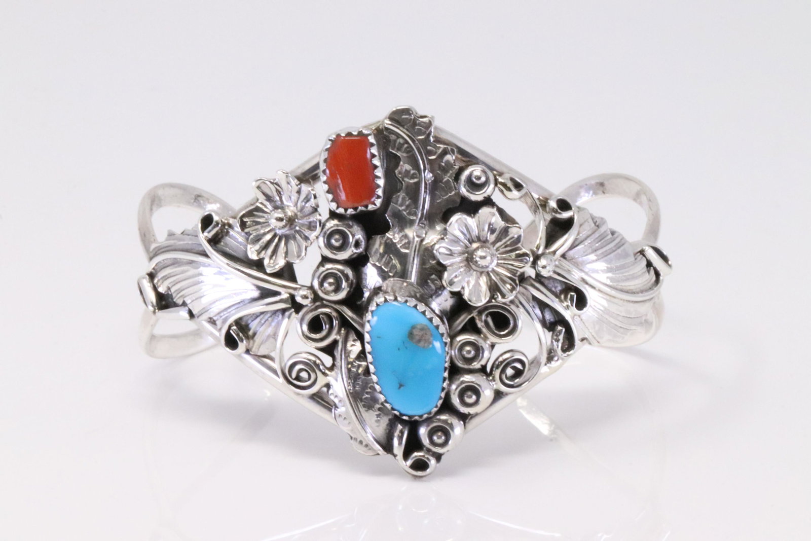 Native America Navajo Handmade Sterling Silver Coral / Turquoise Bracelet Cuff By Harry B. Yazzie.: This is a Native America Navajo Handmade Sterling Silver Coral / Turquoise Bracelet Cuff By Harry B. Yazzie.