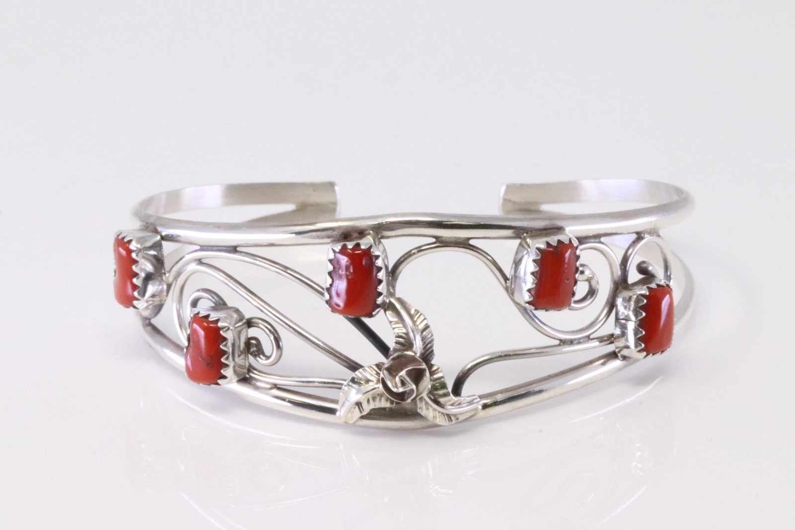 Native America Navajo Handmade Sterling Silver Coral Bracelet Cuff By Max Calladito.: This is a Native America Navajo Handmade Sterling Silver Coral Bracelet Cuff By Max Calladito.