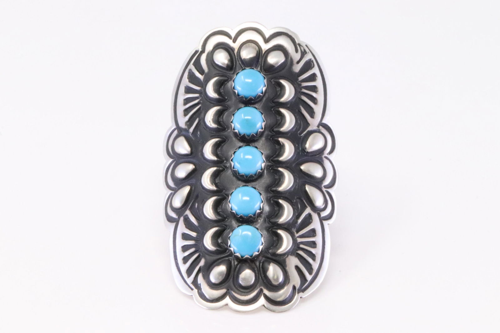 Native America Navajo Handmade Sterling Silver Turquoise Ring 5 Stones Cuff By Leander Tahe. (1 of 5)