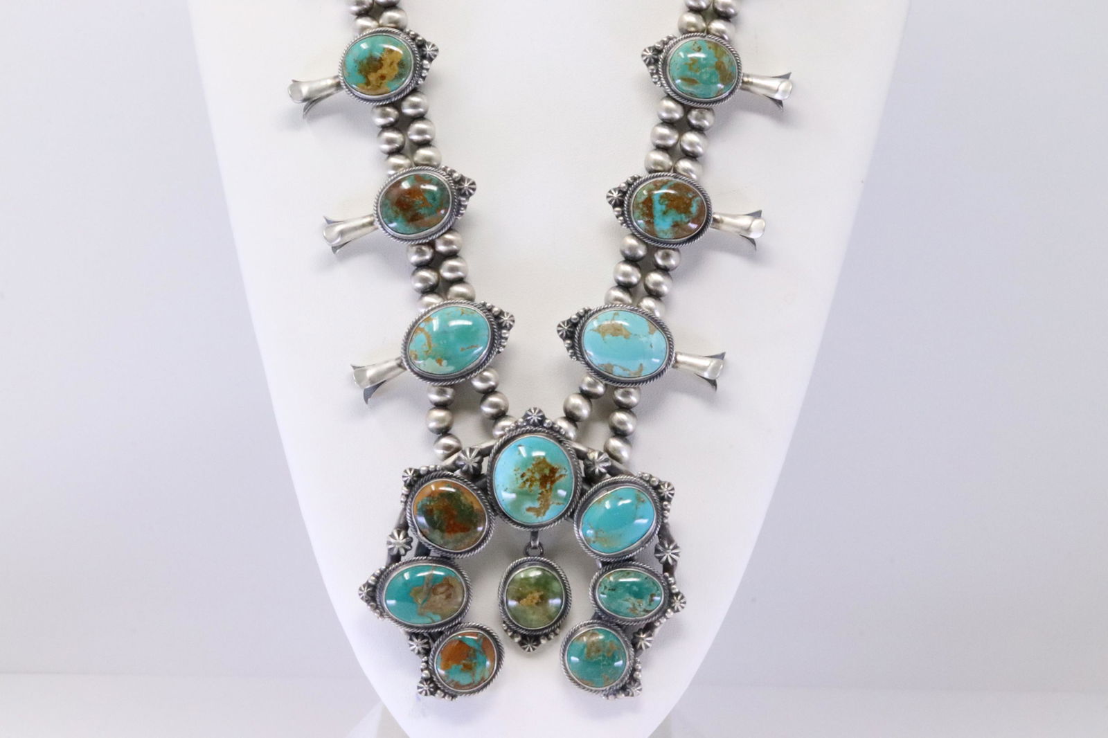 Native America Navajo Handmade Sterling Silver Dry Creek Squash Blossom Necklace & Earring's Set By (1 of 8)