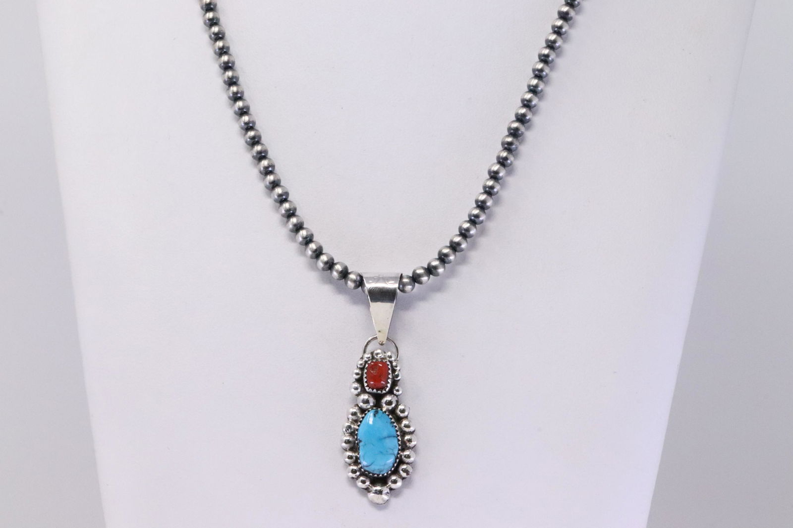 Native America Navajo Handmade Sterling Silver Coral / Turquoise Pendant & Pearl Beaded Necklace & (1 of 6)