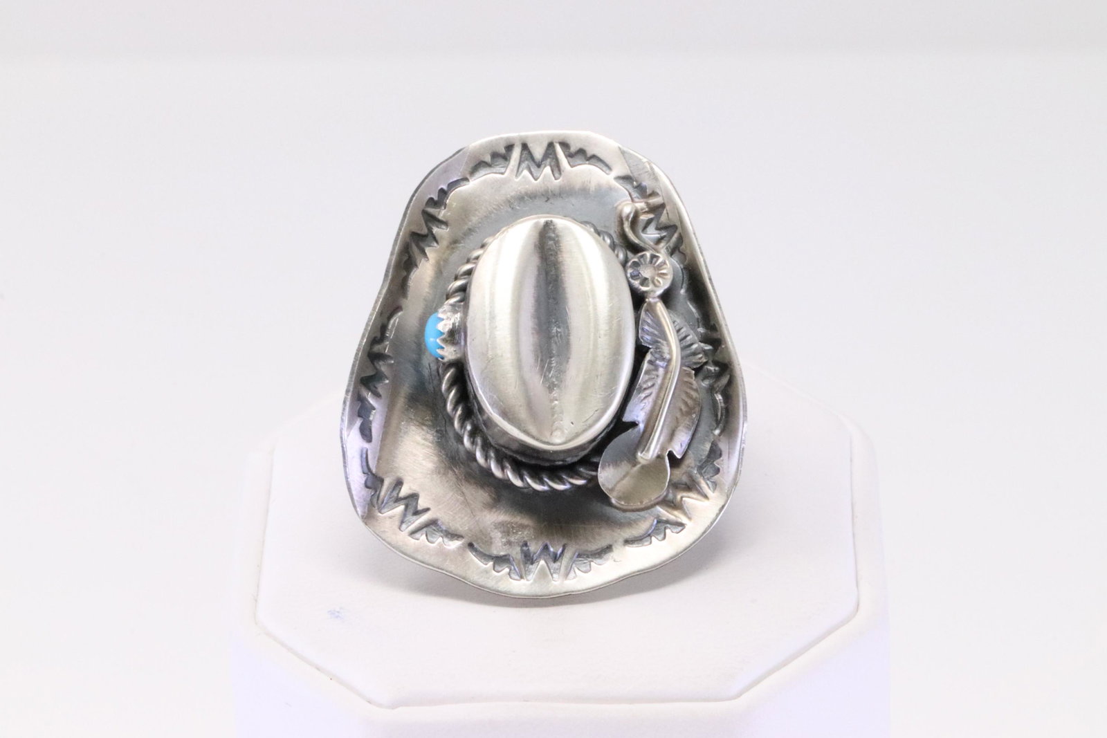 Native America Navajo Handmade Sterling Silver Turquoise Cowboy Hat Ring By Yazzie.: This is a Native America Navajo Handmade Sterling Silver Turquoise Cowboy Hat Ring By Yazzie. Ring size: 8.25.