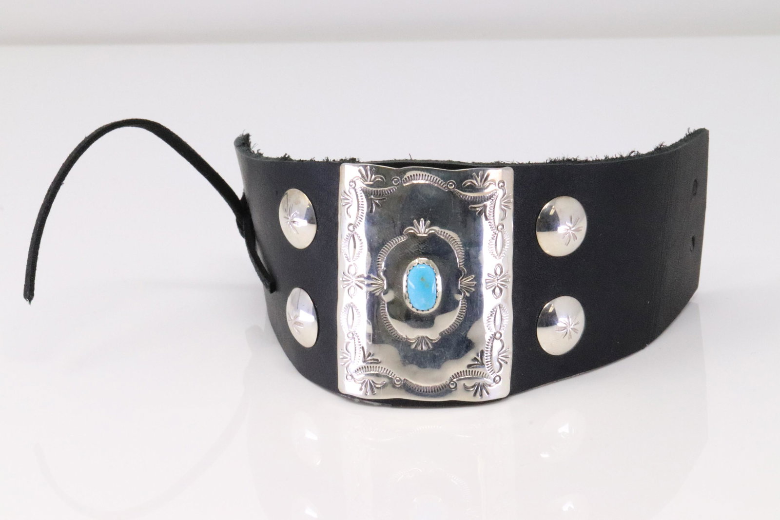 Native American Handmade Sterling Silver Turquoise Leather Bracelet By Dale Morgan.: This is a Native American Handmade Sterling Silver Turquoise Leather Bracelet By Dale Morgan.