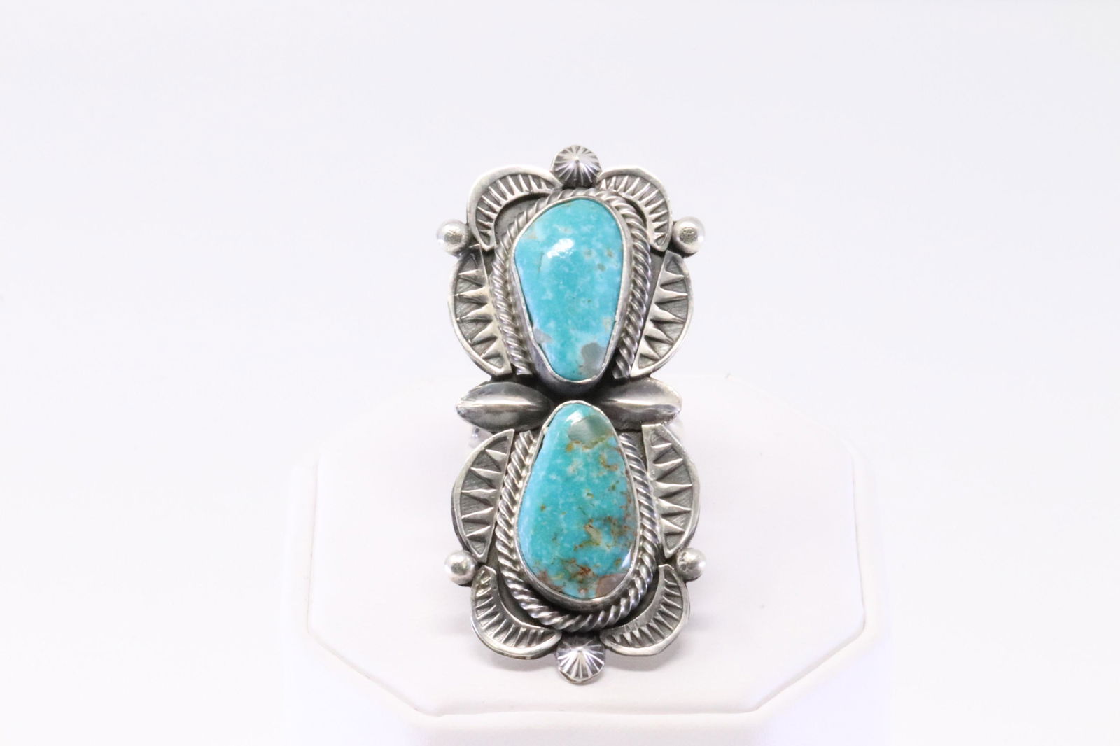 Native America Navajo Handmade Sterling Silver Turquoise Ring 2 Stone Cuff By M. (1 of 4)