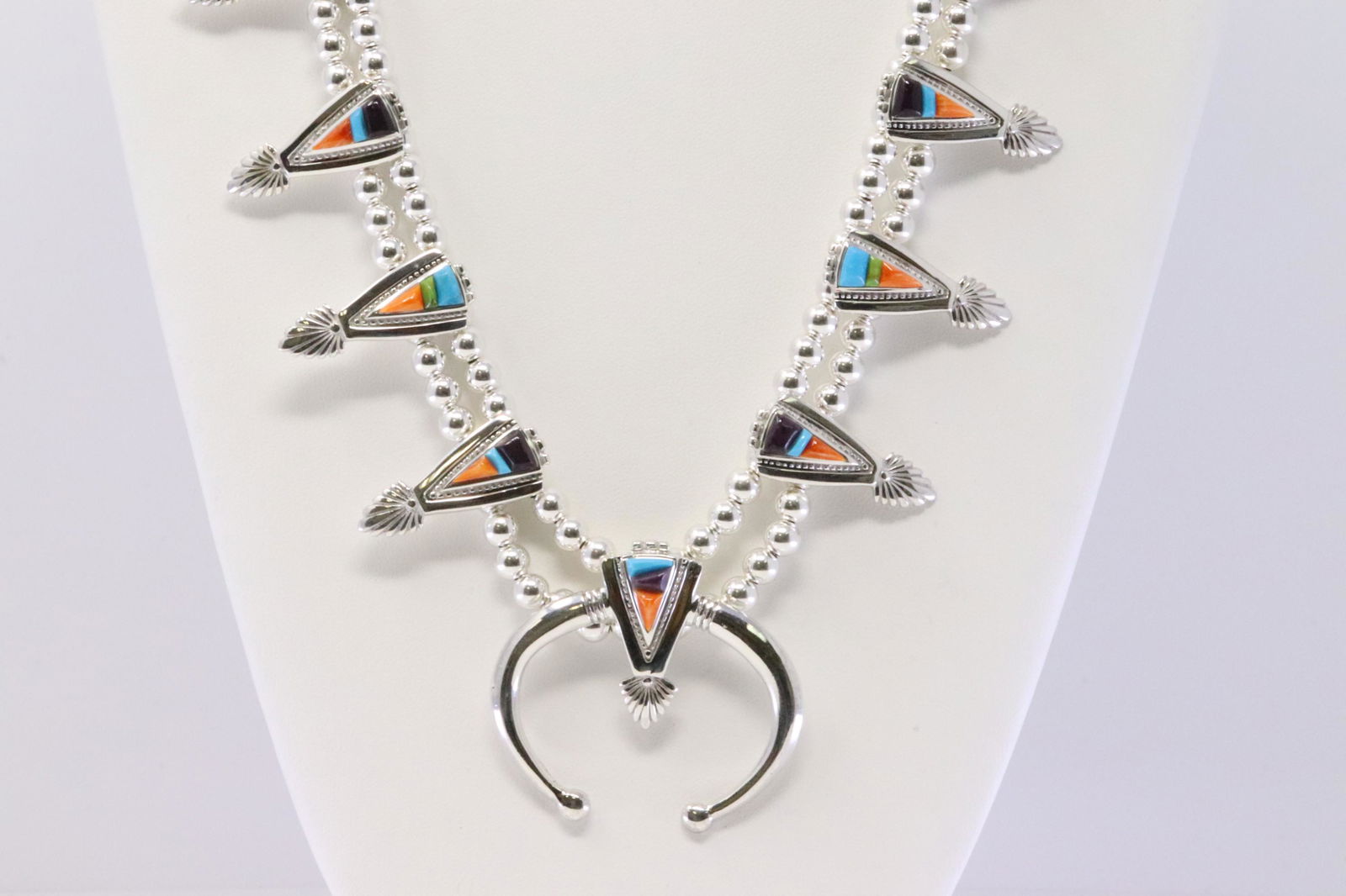 Native American Navajo Handmade Sterling Silver Multi-Color Squash Necklace & Dangling Earring's By (1 of 8)
