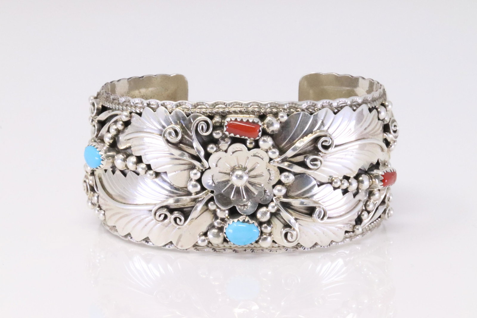 Native America Navajo Handmade Sterling Silver Coral / Turquoise Bracelet By Larry Etcitty.: This is a Native America Navajo Handmade Sterling Silver Coral / Turquoise Bracelet By Larry Etcitty.