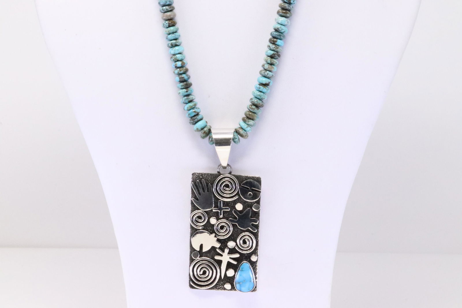Native America Navajo Handmade Sterling Silver Turquoise Petroglyph Pendant & Necklace By Alex (1 of 4)