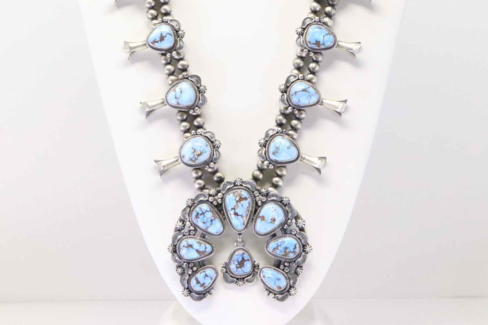 Native America Navajo Handmade Sterling Silver Golden Hill Turquoise Squash Blossom Necklace &: This is a Native America Navajo Handmade Sterling Silver Golden Hill Turquoise Squash Blossom Necklace & Earring's Set By Thomas Francisco. Necklace length: 26.00"