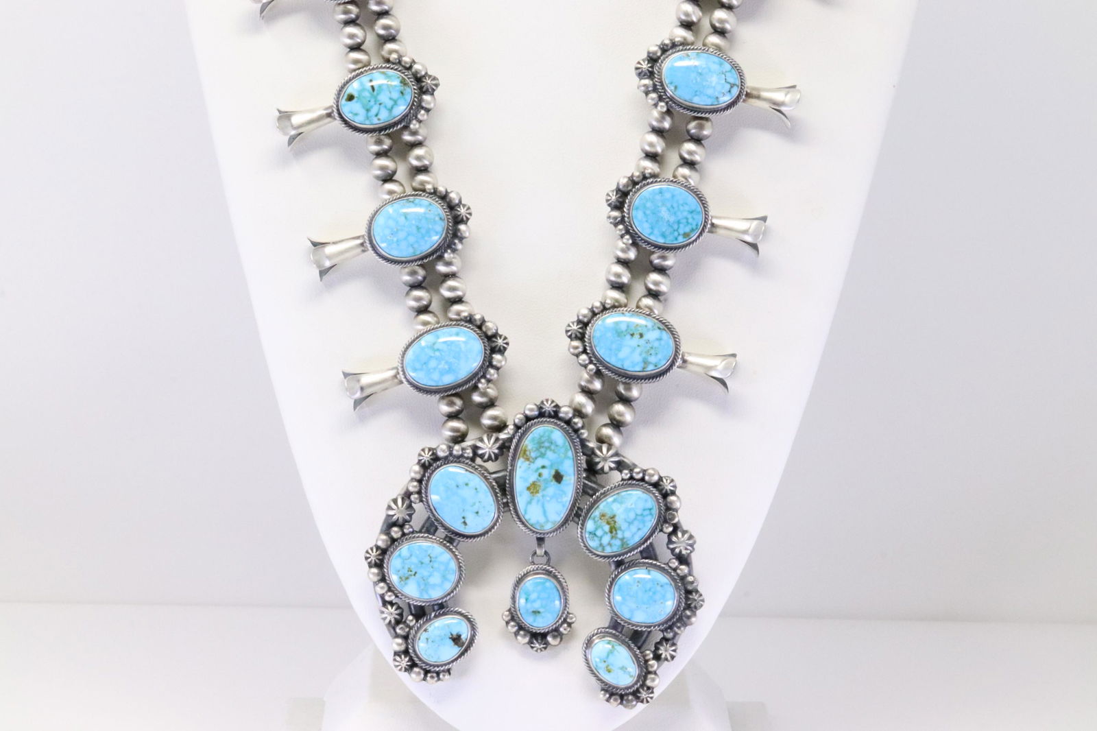 Native America Handmade Navajo Sterling Silver Kingman Turquoise Squash Blossom Necklace & Earring's (1 of 10)