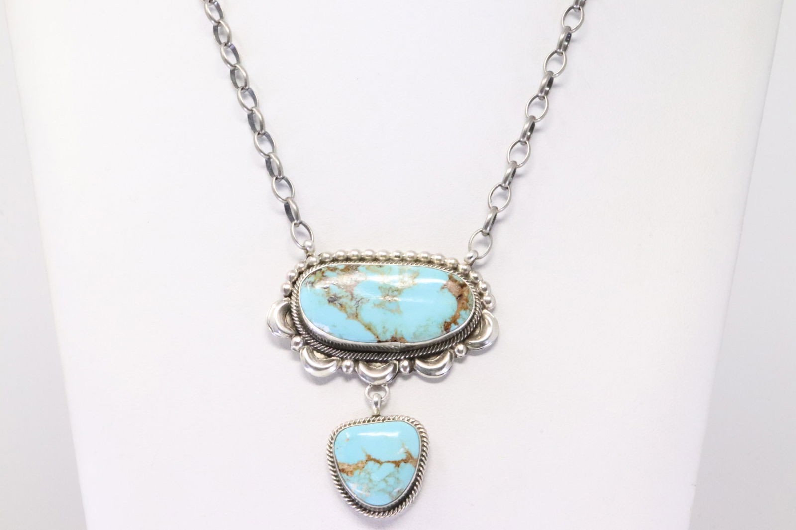 Native American Navajo Handmade Sterling Silver Kingman Turquoise Necklace By Juanita Long. (1 of 4)