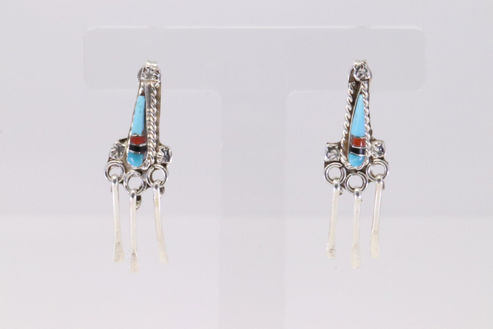 Native America Zuni Handmade Sterling Silver Multi-Color Inlay Post Earring's By Willie Gia.: This is a Native America Zuni Handmade Sterling Silver Multi-Color Inlay Post Earring's By Willie Gia.