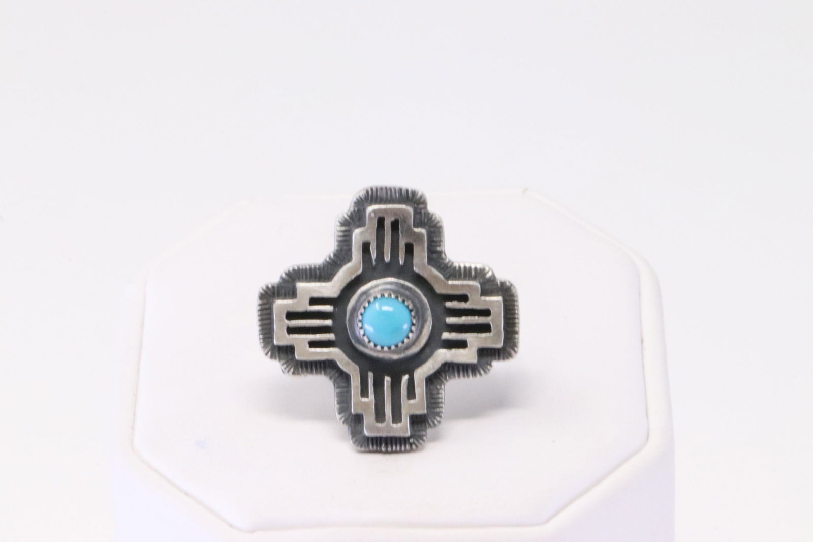 Native America Navajo Handmade Sterling Silver Turquoise Cross Ring By Alice Rose Saunders. (1 of 4)