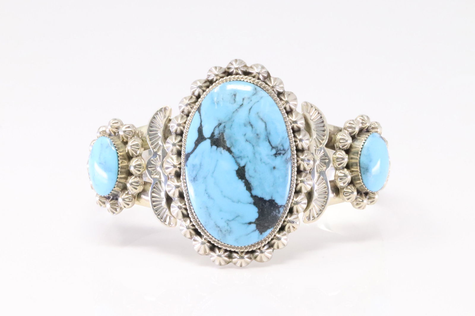 Native America Navajo Handmade Sterling Silver Turquoise Bracelet 3 Stone Cuff By Emerson Delgarito. (1 of 4)