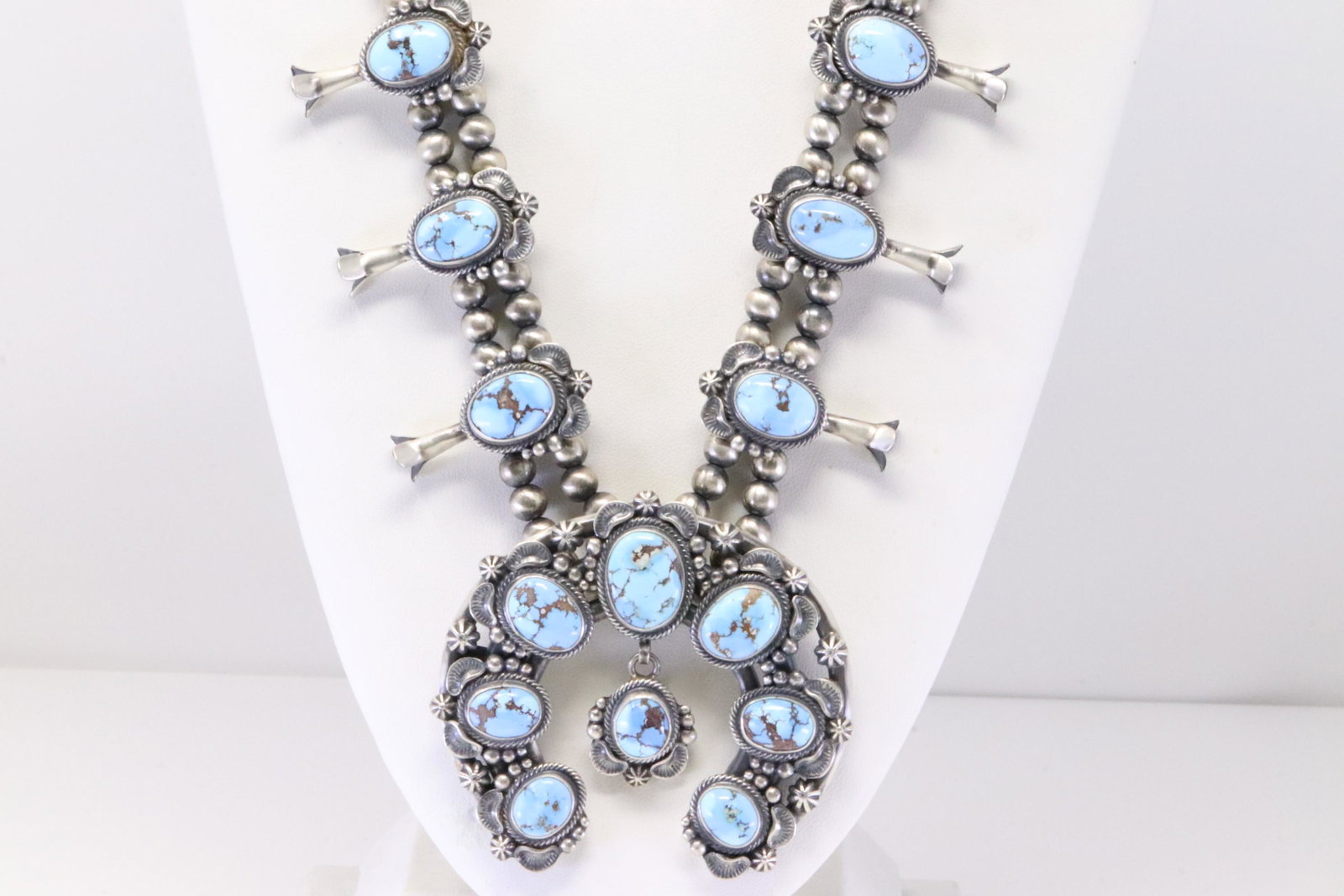 Native American Navajo Handmade Sterling Silver Golden Hill Turquoise Squash Blossom Necklace &: This is a Native American Navajo Handmade Sterling Silver Golden Hill Turquoise Squash Blossom Necklace & Earring's Set By Thomas Francisco. Necklace length: 26.00"