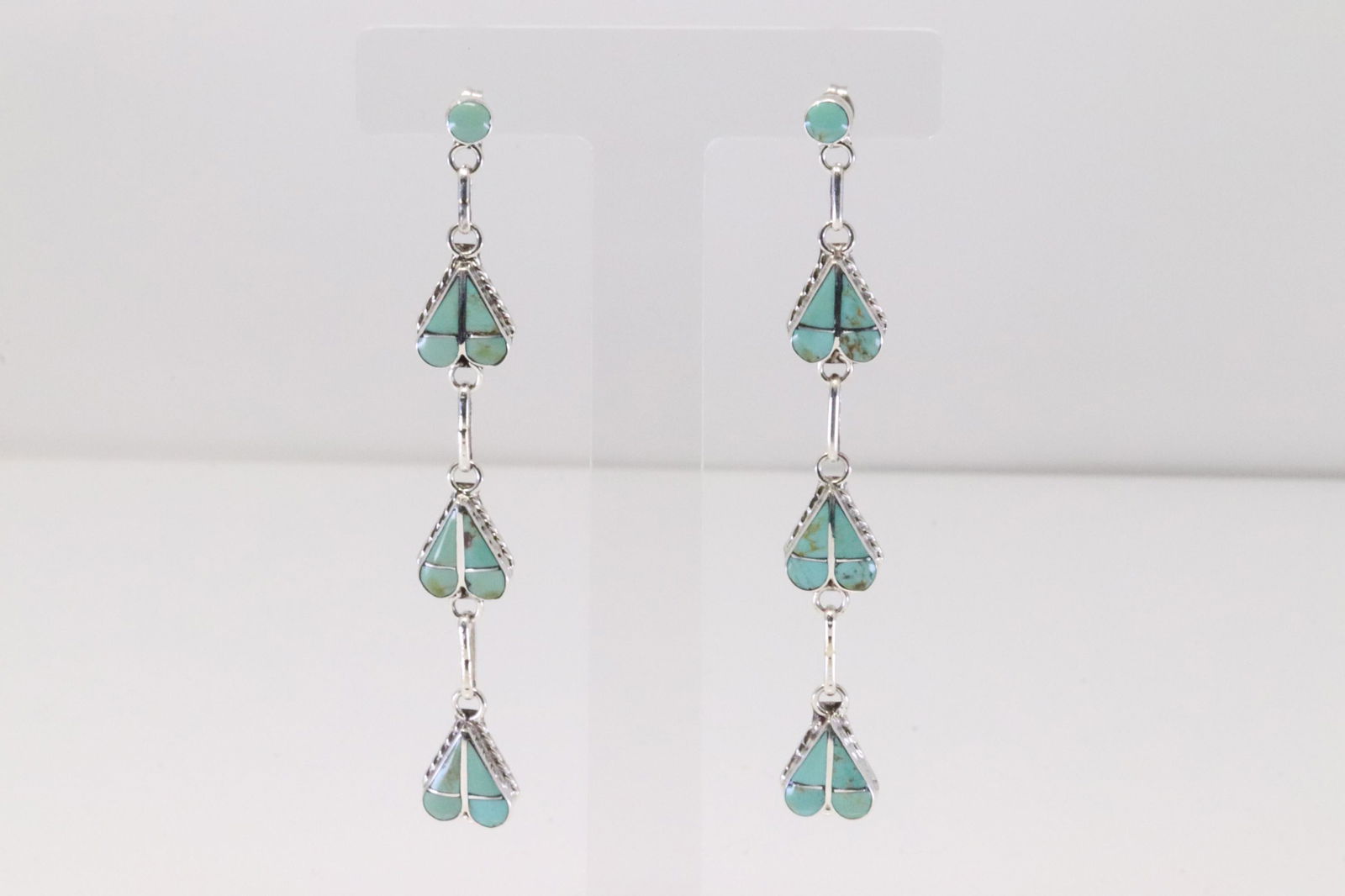 Native America Zuni Handmade Sterling Silver Turquoise Heart Inlay Post / Dangling Earring's By (1 of 4)