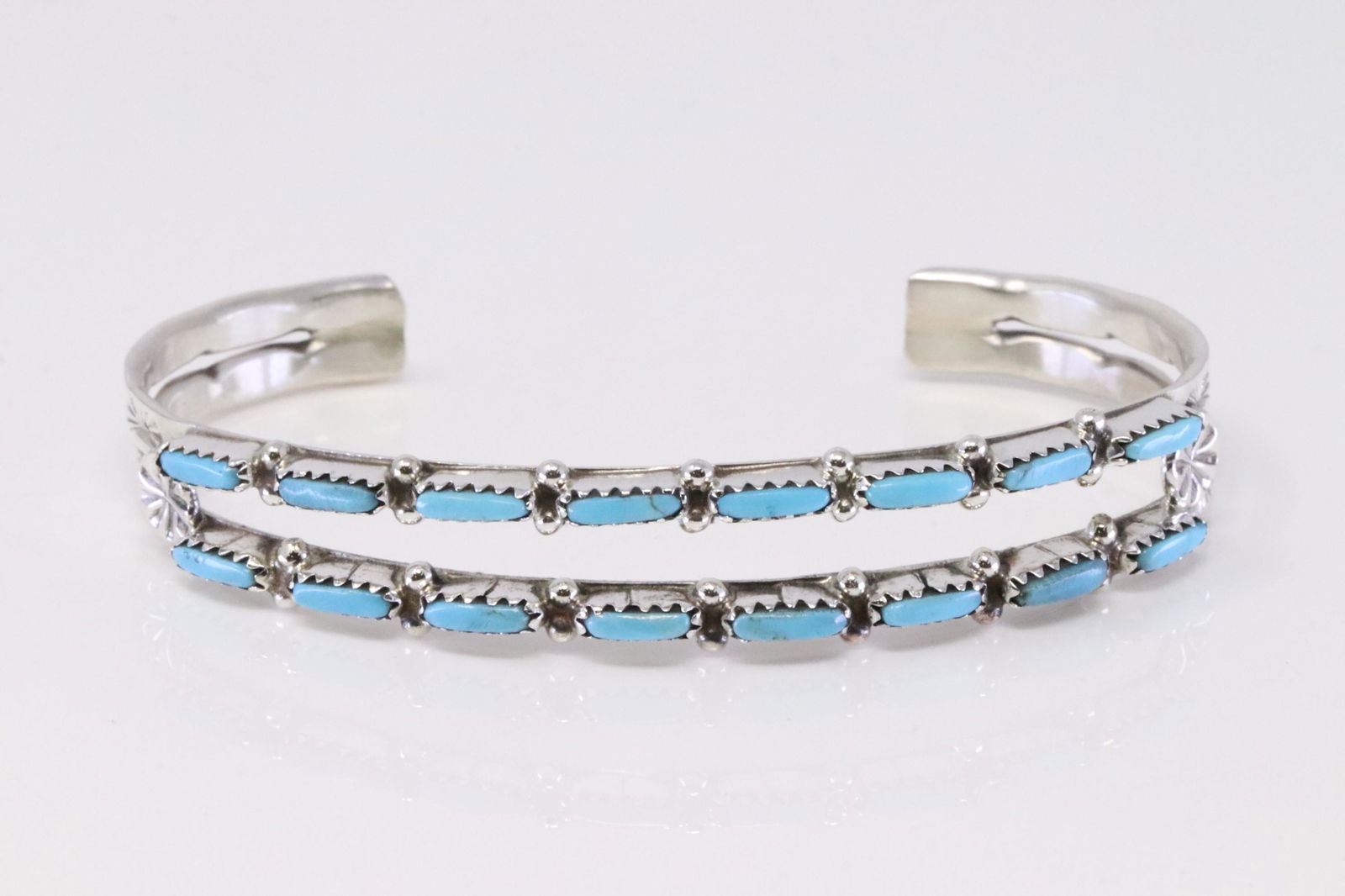 Native America Zuni Handmade Sterling Silver Turquoise Bracelet 2 Row Cuff By Murray Hannaweeka. (1 of 4)