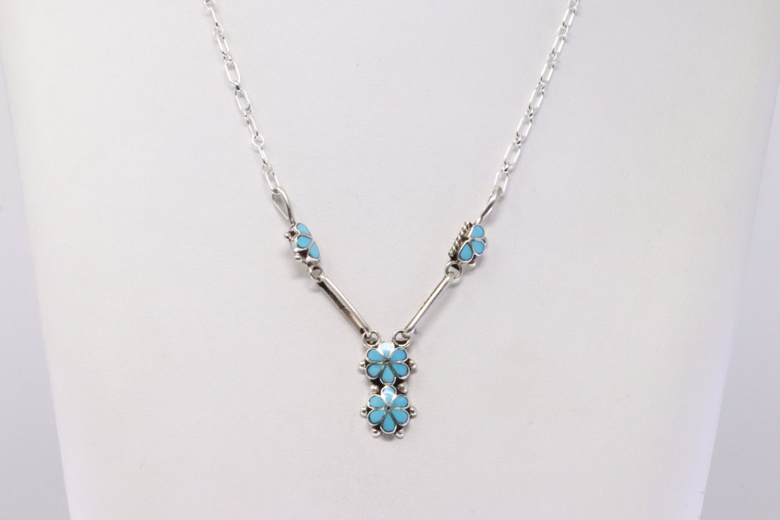 Native America Zuni Handmade Sterling Silver Turquoise Flower Necklace By Bernadette Hattie. (1 of 4)