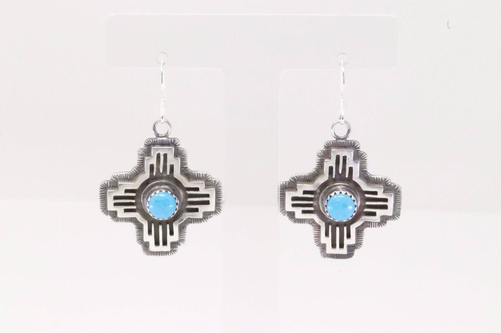 Native American Navajo Handmade Sterling Silver Turquoise Cross Dangling Earring's By Annie Spencer. (1 of 4)