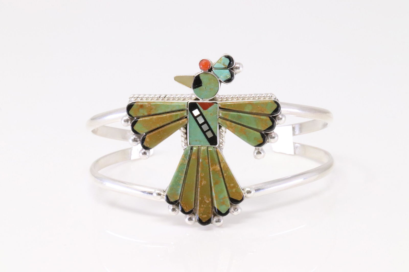 Native America Zuni Handmade Sterling Silver Multi-Color Inlay Bird Bracelet By Michelle Peina.: This is a Native America Zuni Handmade Sterling Silver Multi-Color Inlay Bird Bracelet By Michelle Peina.