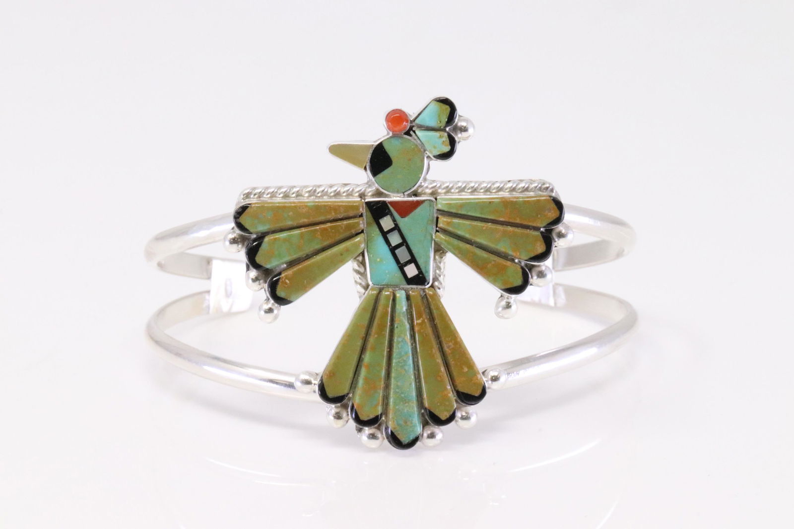 Native America Zuni Handmade Sterling Silver Multi-Color Inlay Bird Cuff Bracelet By Michelle Peina. (1 of 4)
