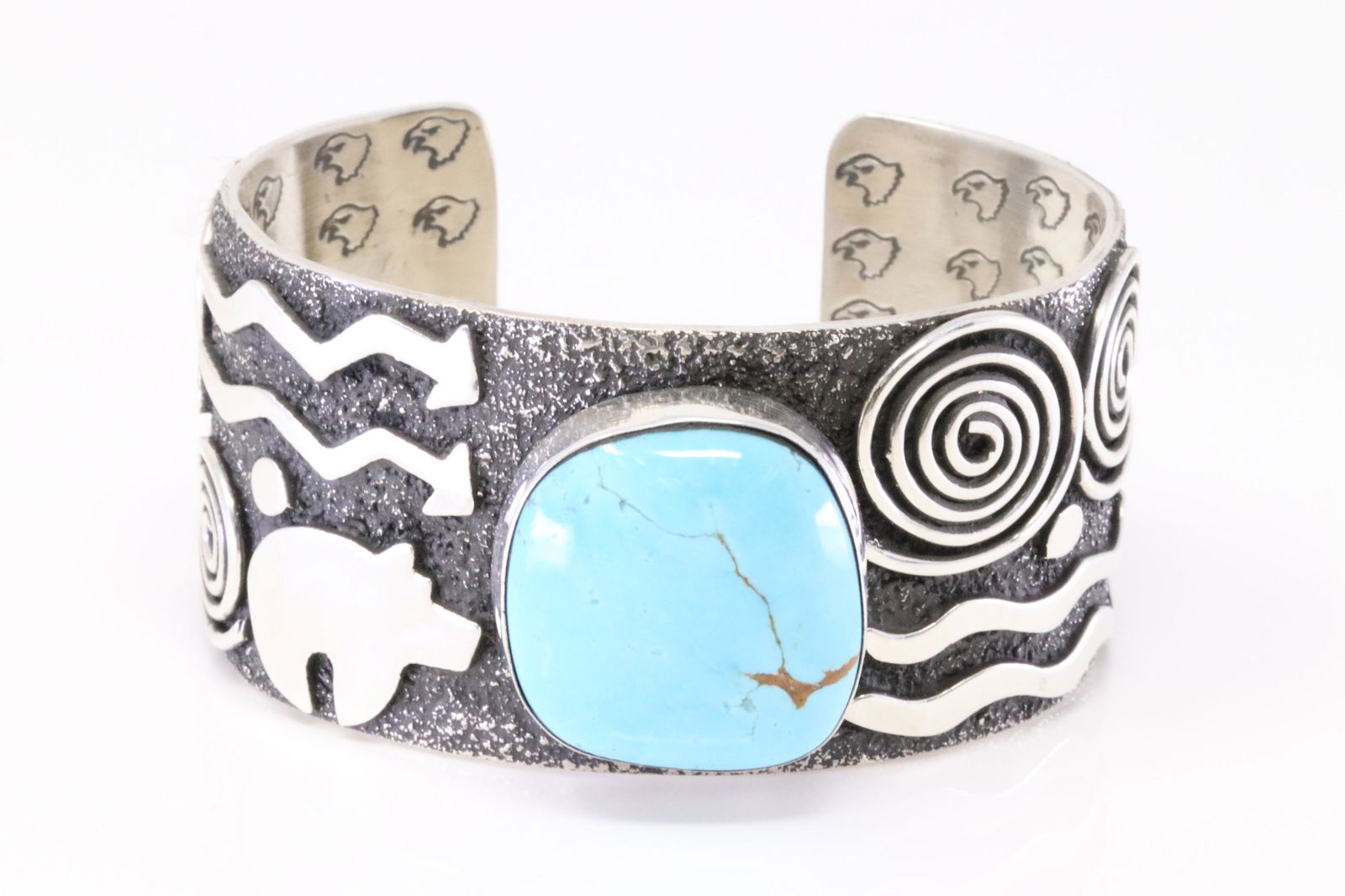 Native America Navajo Handmade Sterling Silver Turquoise Petroglyph Bracelet By Alex Sanchez. (1 of 4)