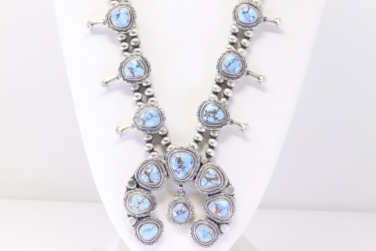 Native America Navajo Handmade Sterling Golden Hill Turquoise squash Blossom Necklace & Earring's: This is a Native America Navajo Handmade Sterling Golden Hill Turquoise squash Blossom Necklace & Earring's Set By Thomas Francisco. Necklace length: 26.00"