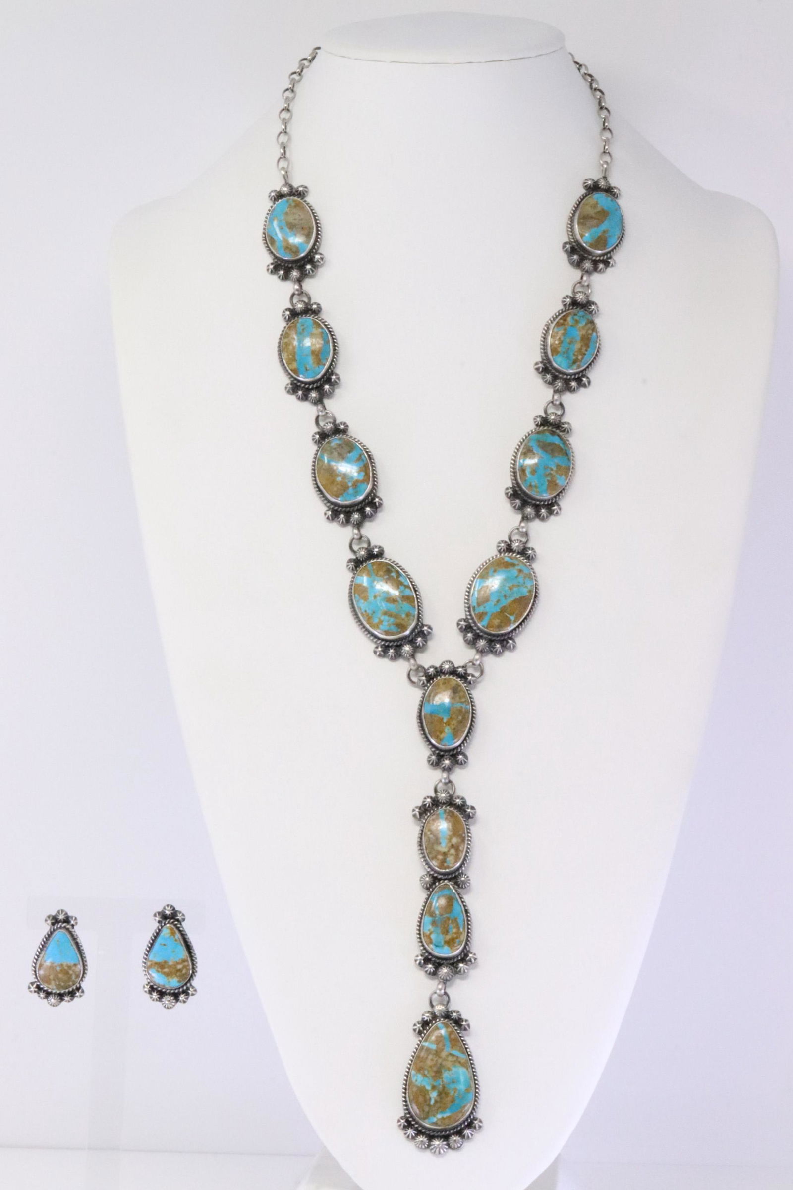 Native American Navajo Handmade Sterling Silver Kingman Turquoise Necklace & Earring's Set By (1 of 9)