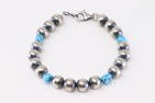 Native America Navajo Handmade Sterling Silver Turquoise / Pearl Beaded Bracelet.